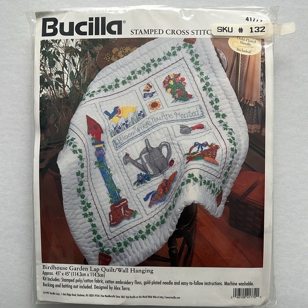 Bucilla Stamped Cross Stitch Lap Quilt Kit/Wall Hanging Birdhouse Garden 41779